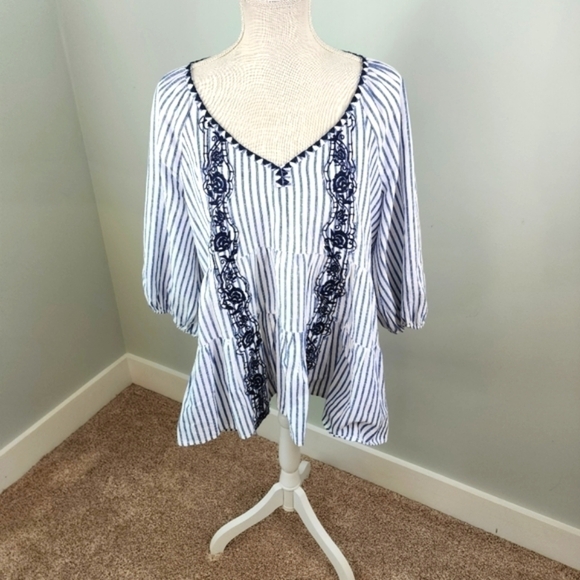 Melissa Paige Women’s Plunge V Neck Linen Baloon Sleeve Top Blouse Blue Size Med - Picture 2 of 10